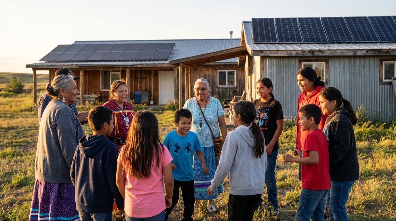 Multi-generational tribal community gathering in front of solar-powered buildings at golden hour