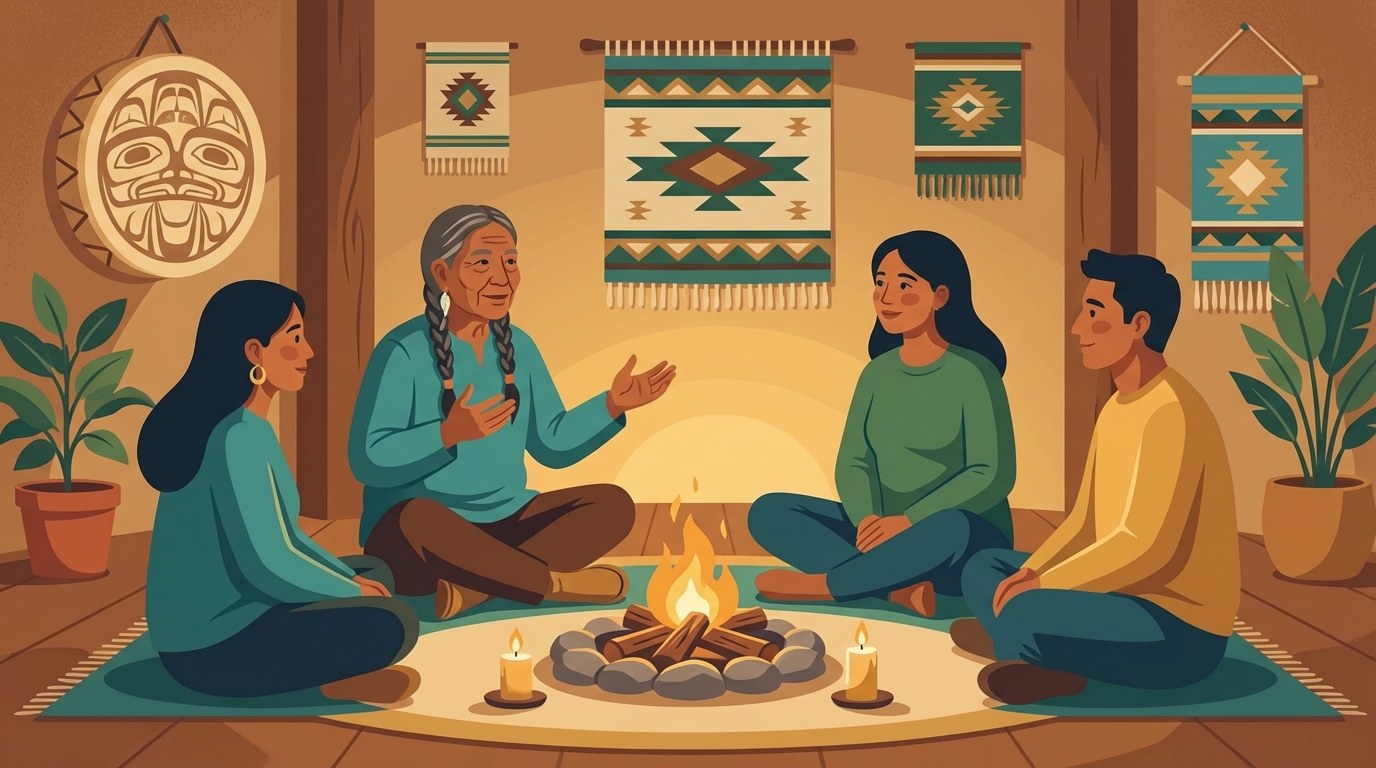 Illustration of Indigenous cultural gathering with elder sharing stories
