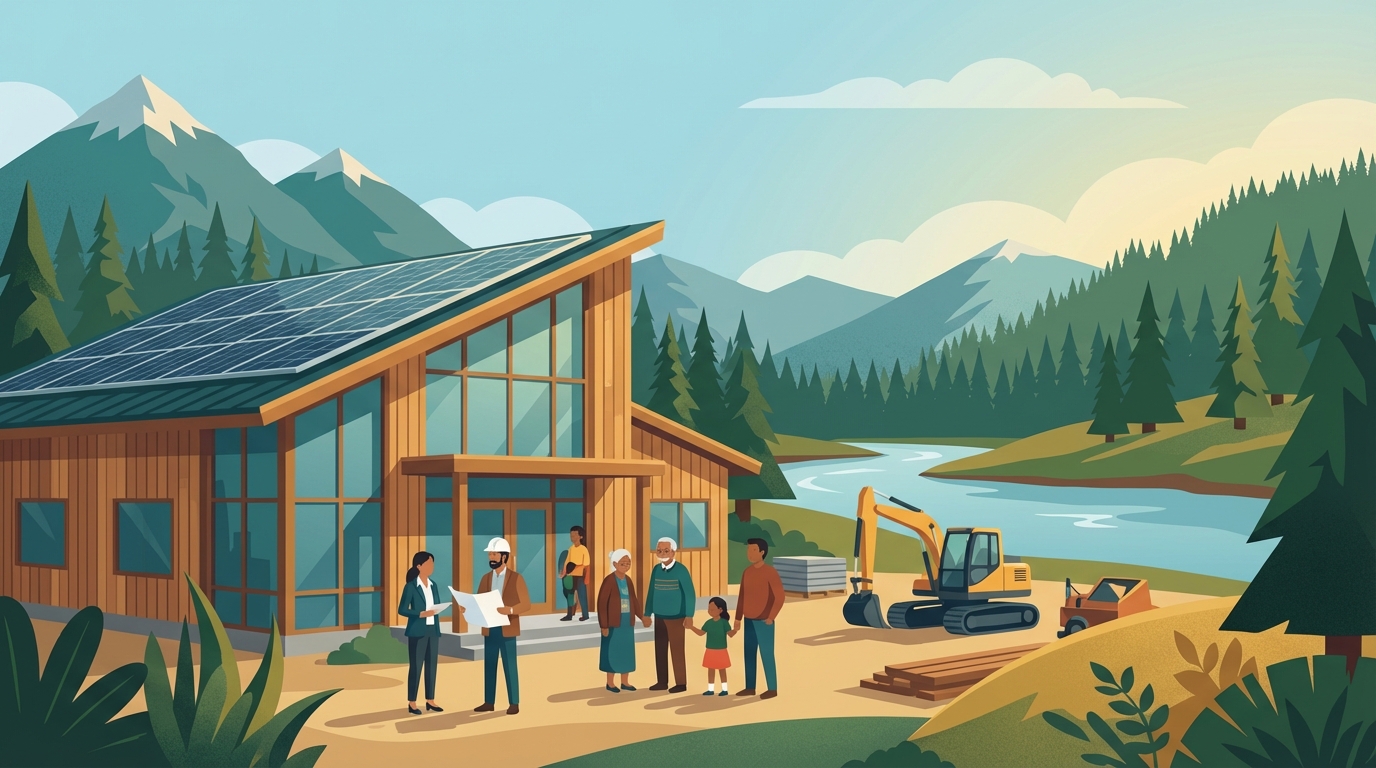 Illustration of architect reviewing plans with community members outside a solar-powered First Nations community building in British Columbia