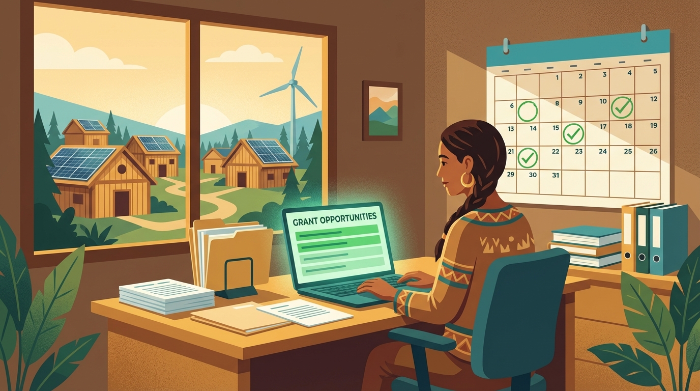 Illustration of grant discovery - woman at desk reviewing tribal grant opportunities with solar-powered community visible through window