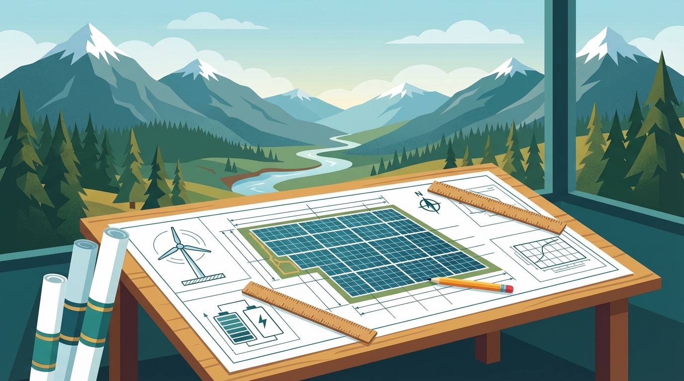 Illustration of energy planning blueprints spread across a table with solar array layouts, wind turbine diagrams, and mountain valley visible through window