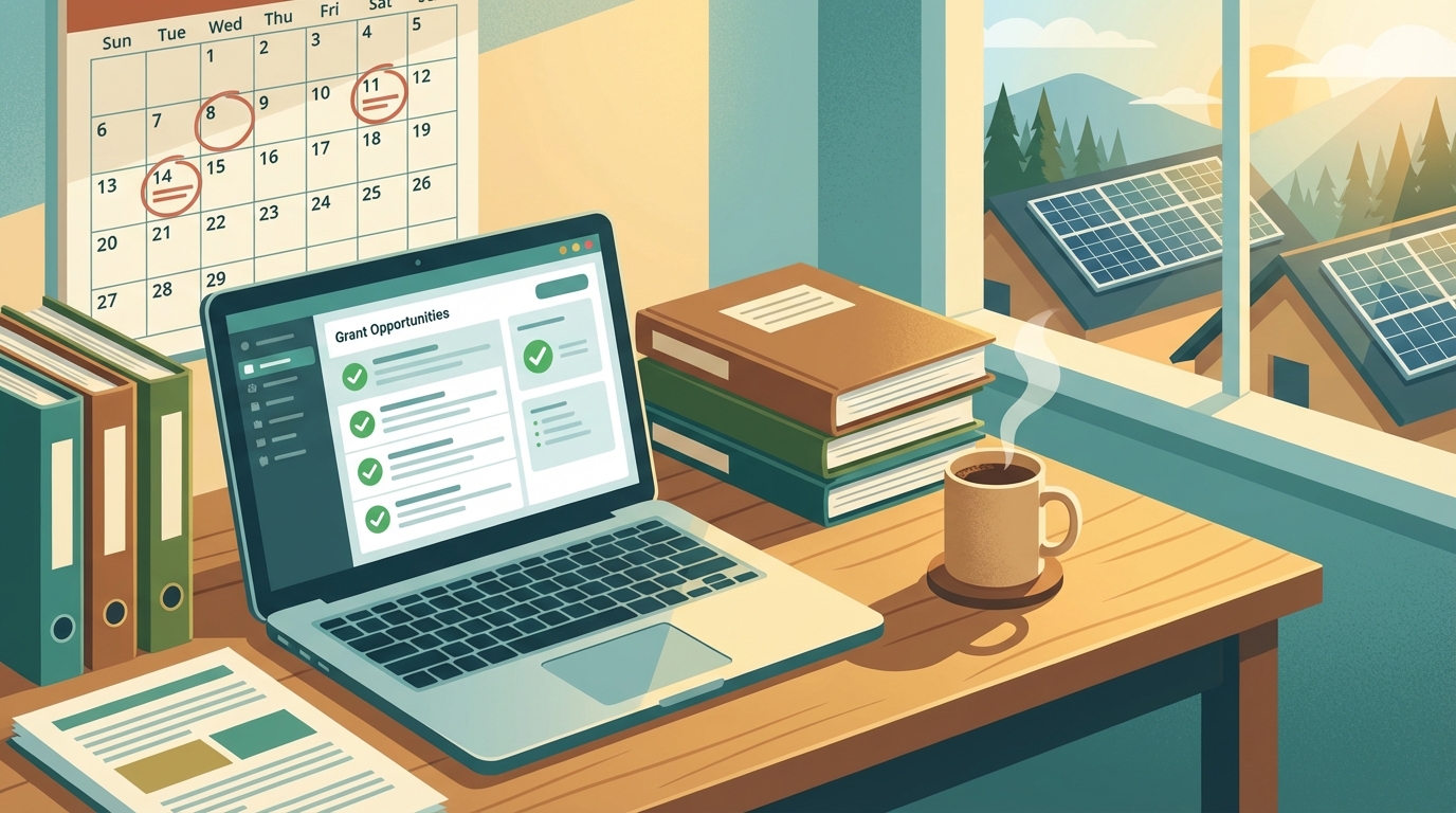 Illustration of a desk workspace with laptop showing grant opportunities dashboard, organized documents, and solar panels visible through window
