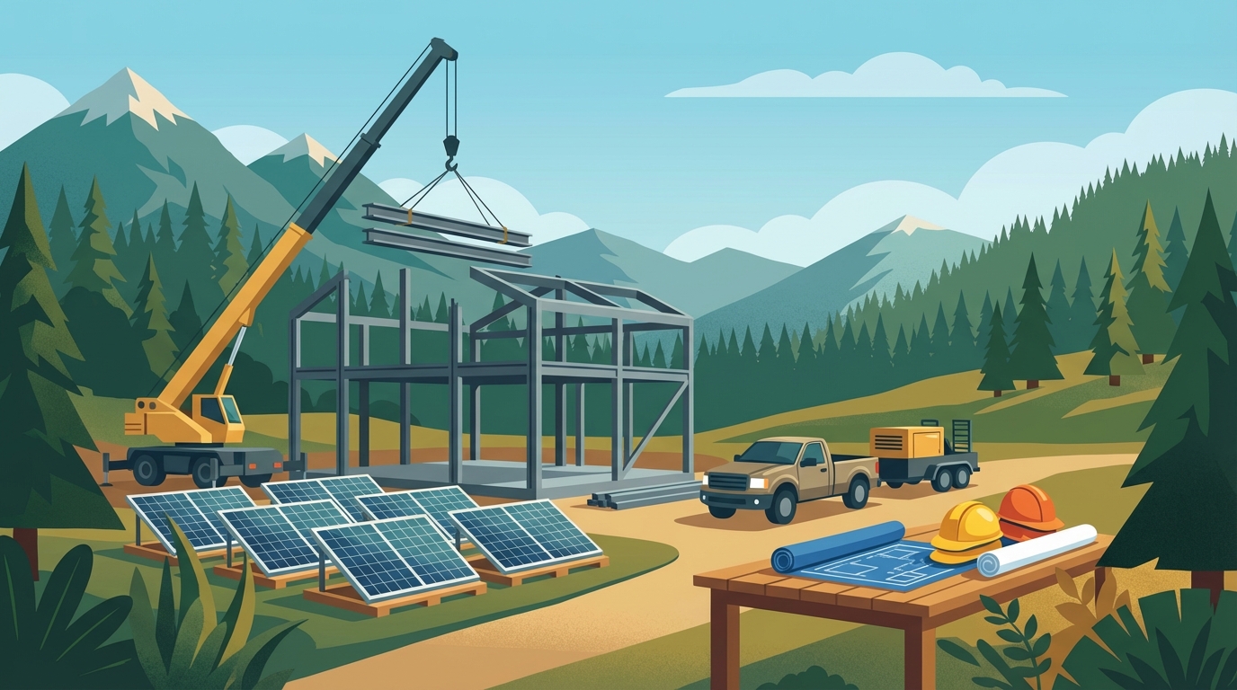 Illustration of a construction site with steel framing, solar panels staged on pallets, crane, and mountains in background