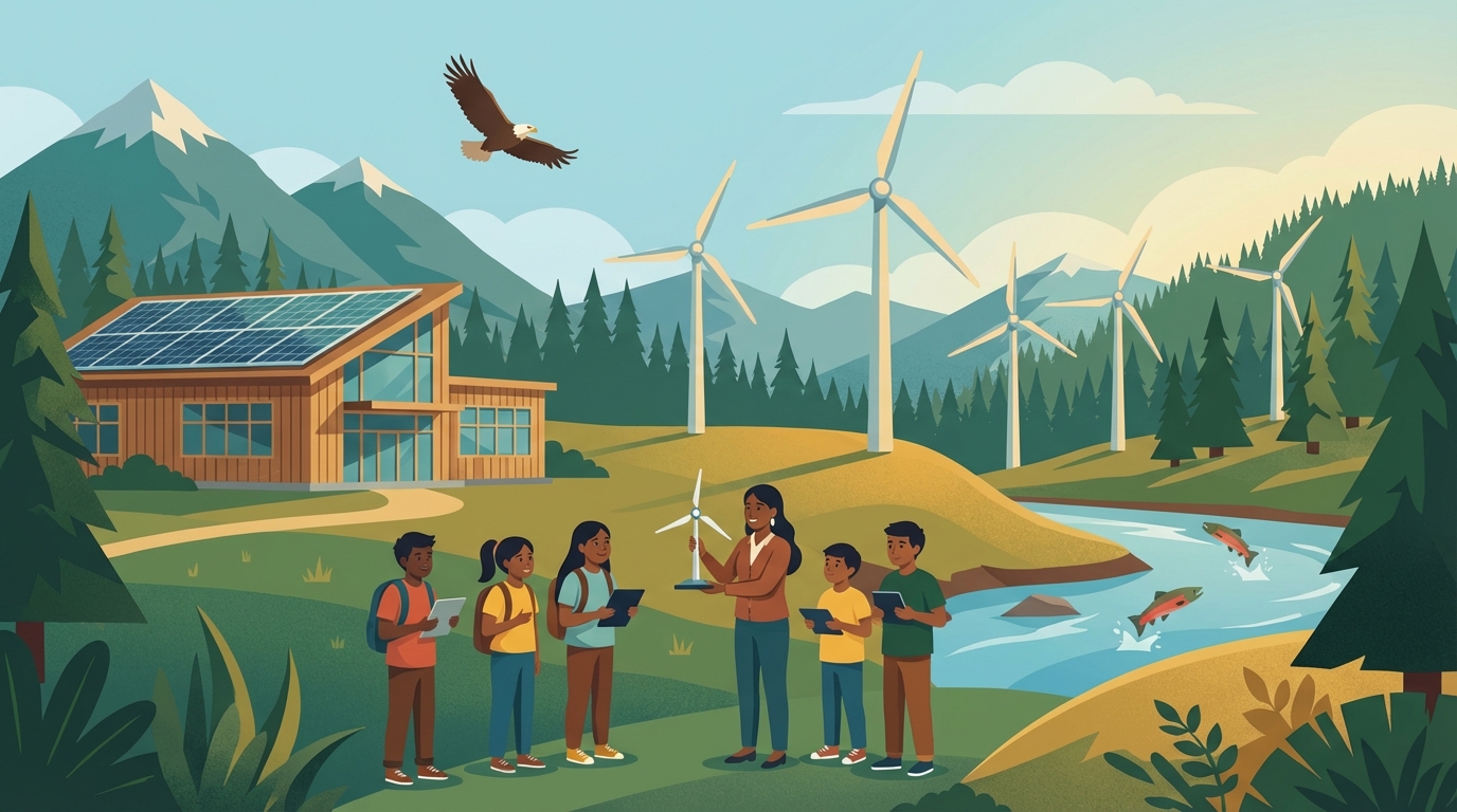 Illustration of teacher showing students a wind turbine model with real wind farm and solar panels in background