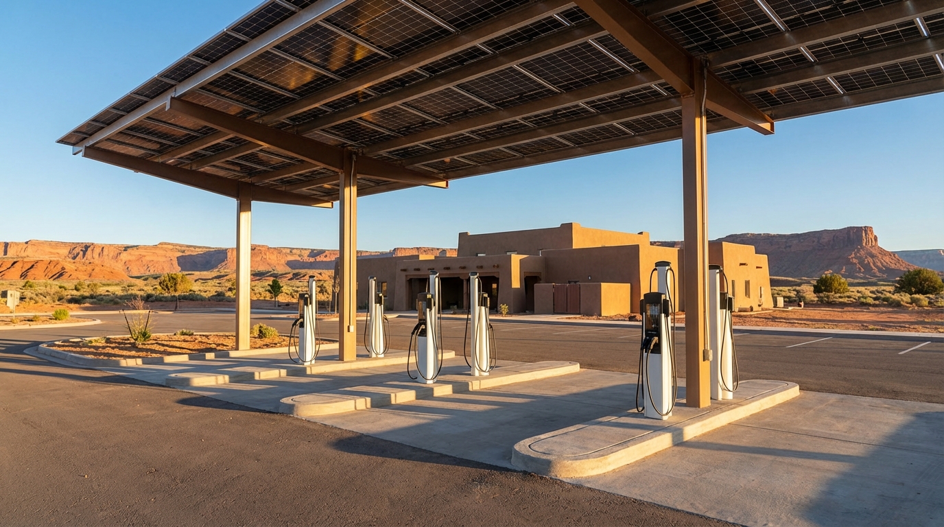 Community gathering celebrating clean energy installation with solar panels and EV chargers at sunset