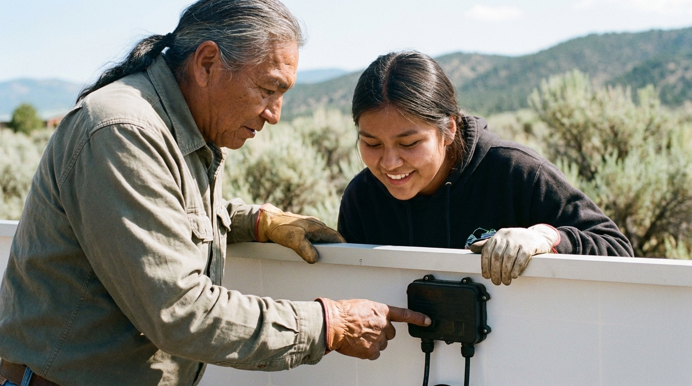 Mentor teaching young person about solar installation